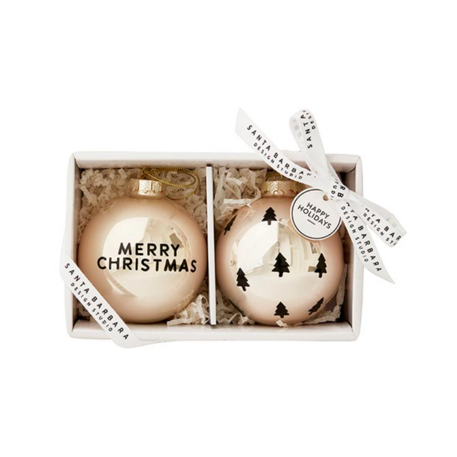 Glass Ornament Set | Merry Christmas + Tree | Set of 2