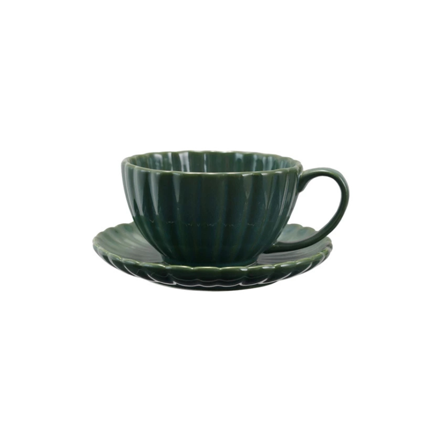 Stoneware Ribbed Mug w/ Saucer