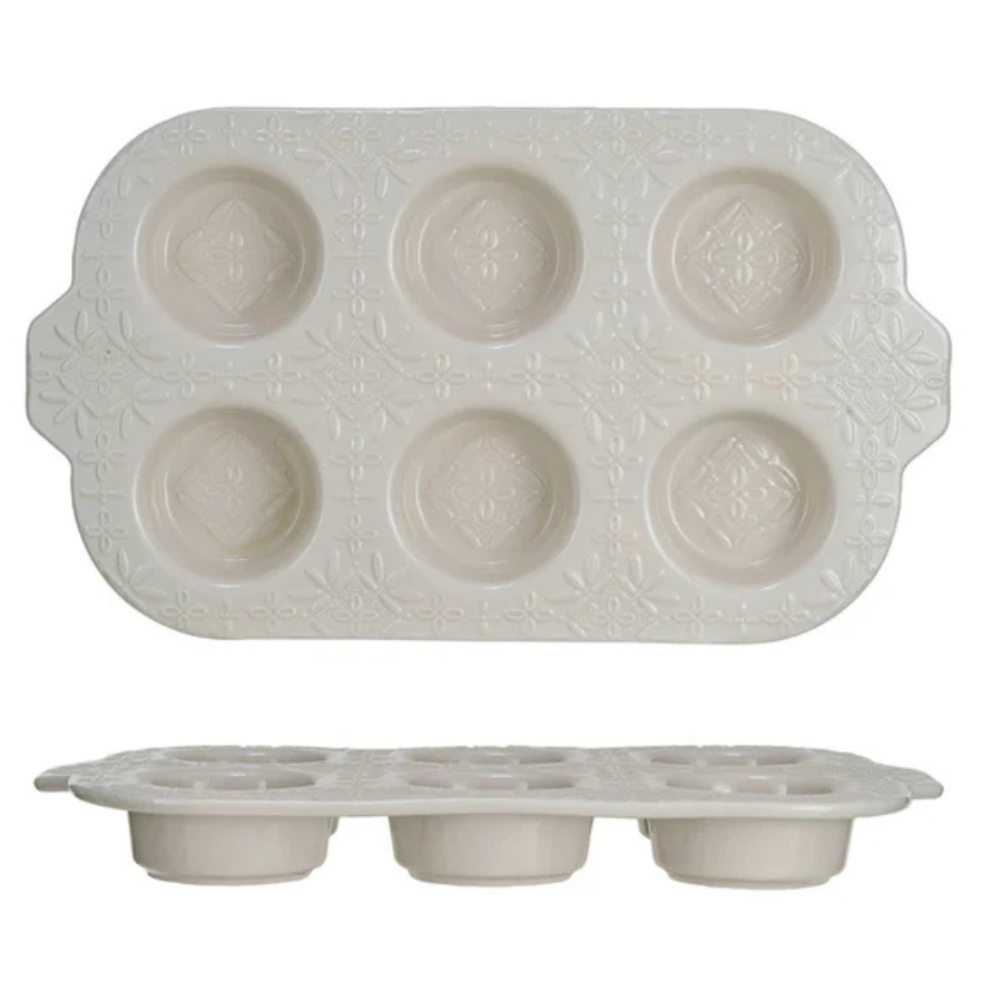 Ivory Embossed Stoneware Muffin Pan