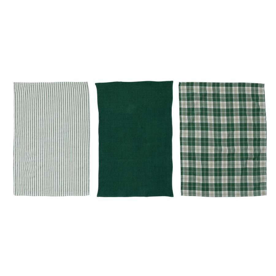 Waffle Weave Tea Towels | Green + White | Set of 3