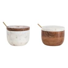 Load image into Gallery viewer, Marble + Wood Bowl w/Lid + Brass Spoon | 2 Styles

