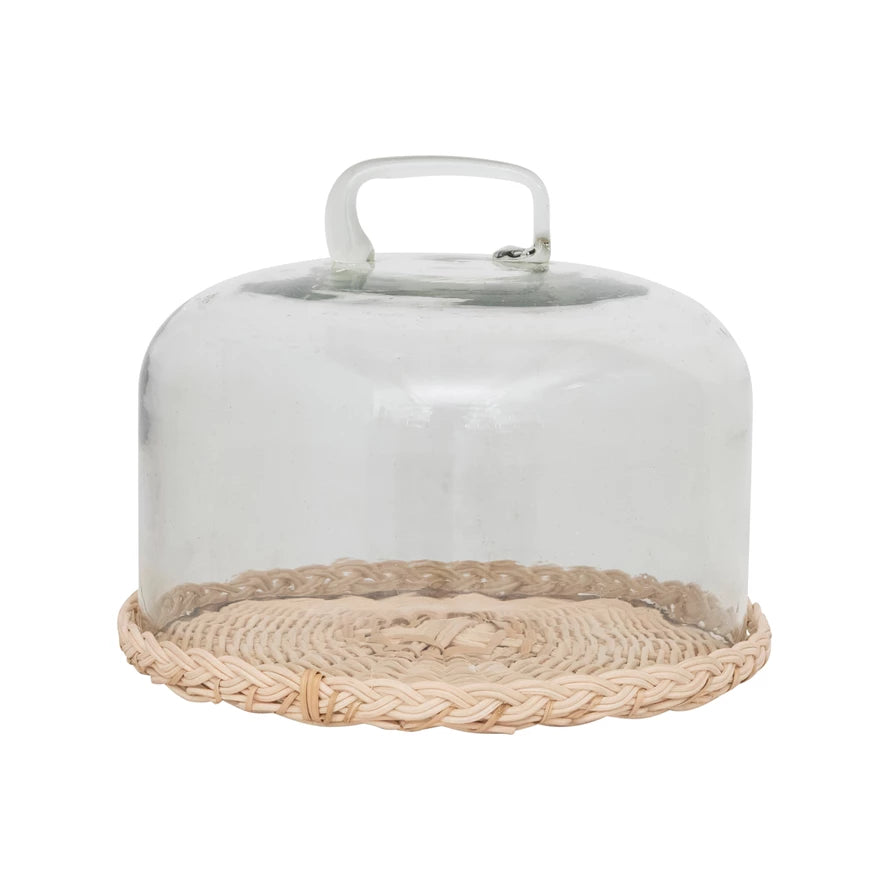 Glass Cloche with Woven Rattan Base