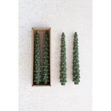 Load image into Gallery viewer, 10&quot; Unscented Tree Shaped Taper Candles | Green | Set of 2
